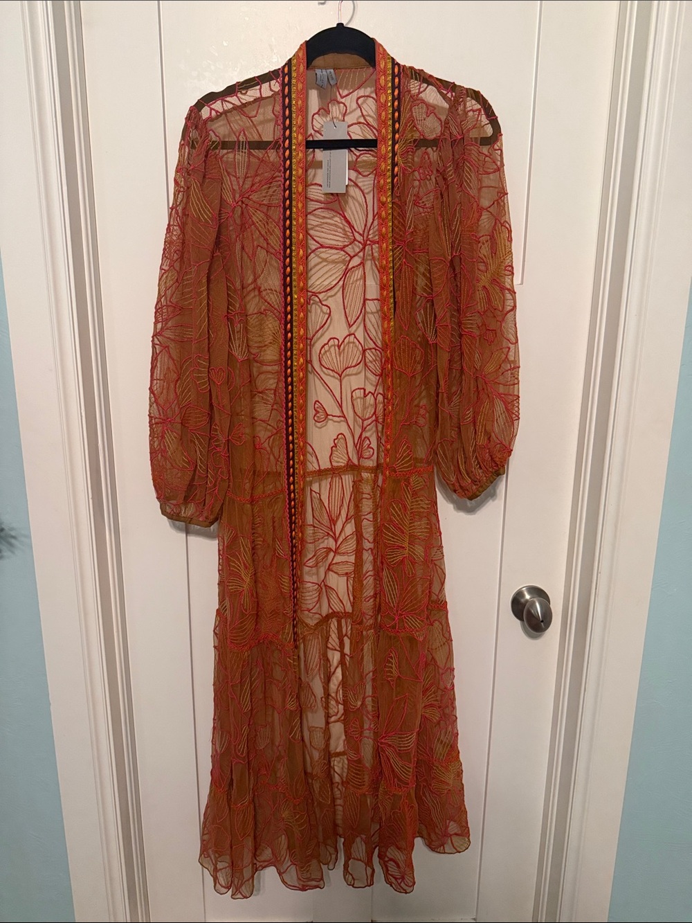 Blank London for Anthropologie Sheer Embroidered Duster in Orange and Gold
